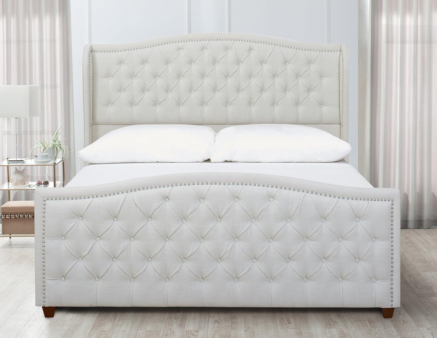 Marcella Upholstered Shelter Headboard Bed Set, King, Antique White Polyester