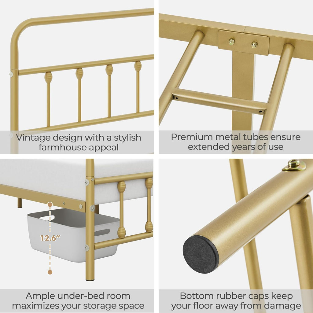 Classic Metal Platform Bed Frame Mattress Foundation with Victorian Style Iron-Art Headboard/Footboard/Under Bed Storage/No Box Spring Needed/Queen Size Antique Gold