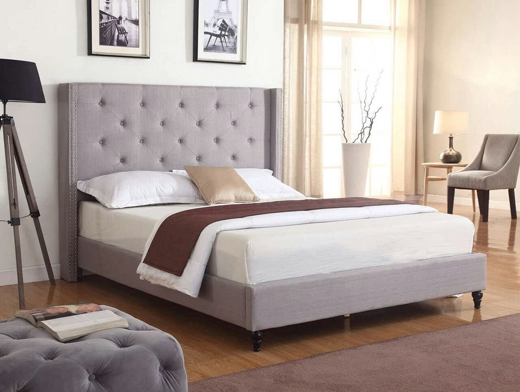 Premiere Classics Cloth Light Grey Silver Linen 51" Tall Headboard Platform Bed with Slats King- Complete Bed 5 Year Warranty Included-007