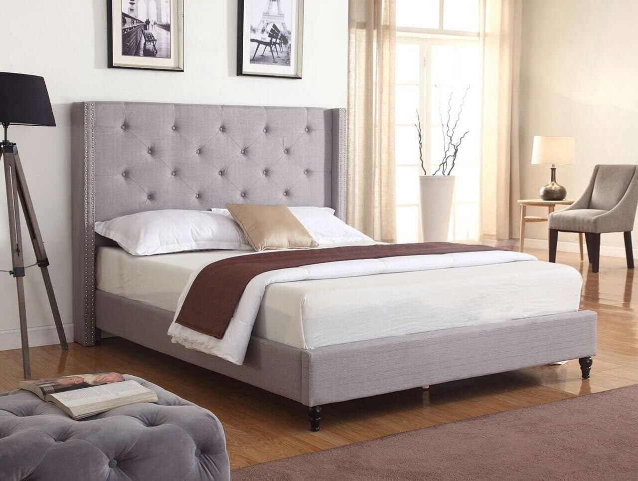 Premiere Classics Cloth Light Grey Silver Linen 51" Tall Headboard Platform Bed with Slats King- Complete Bed 5 Year Warranty Included-007