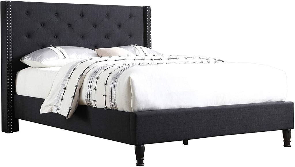 Premiere Classics Cloth Black Linen 51" Tall Headboard Platform Bed with Slats Queen - Complete Bed 5 Year Warranty Included 007