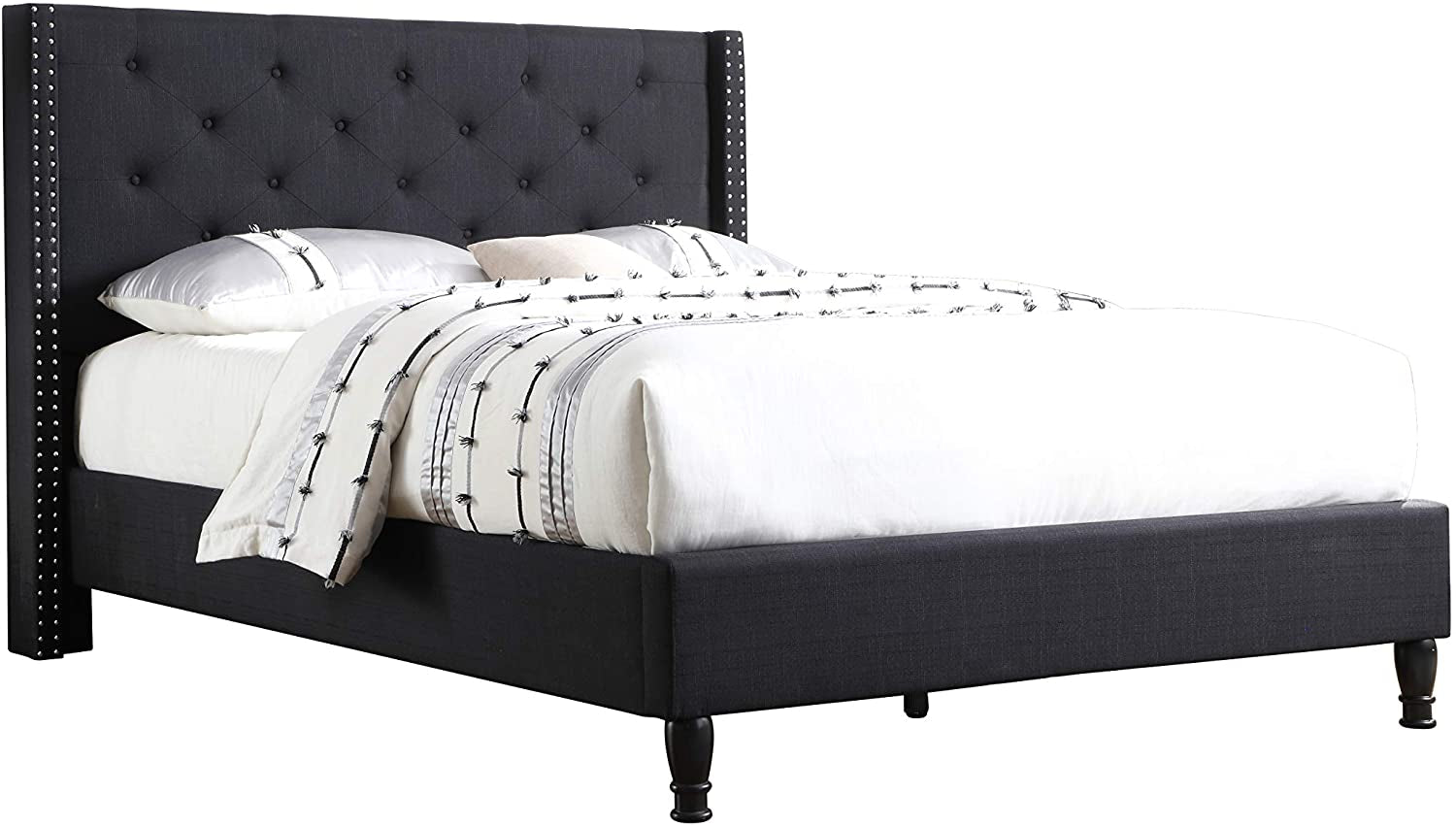 Linen Upholstered Platform Bed - Cloth Platform Bed with 51 Tall Headboard - Durable Wooden Slat Design - Easy to Assemble - Mattress Support - No Box Spring Needed - Full Size, Black