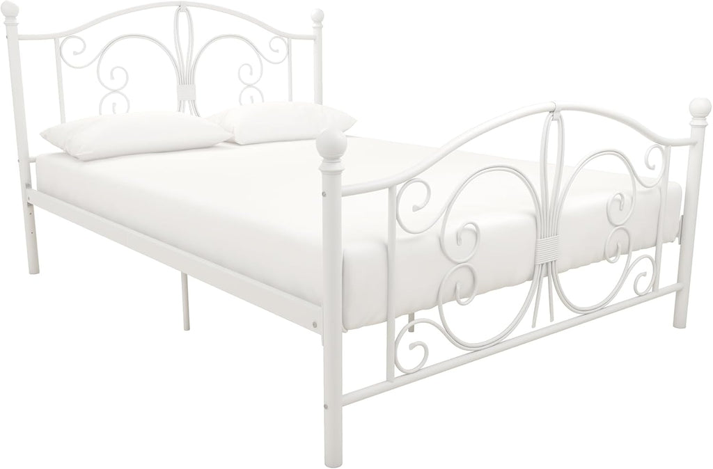 Bombay Metal Platform Bed with Parisian Style Headboard and Footboard, Adjustable Base Height for Underbed Storage, No Box Spring Needed, Full, White