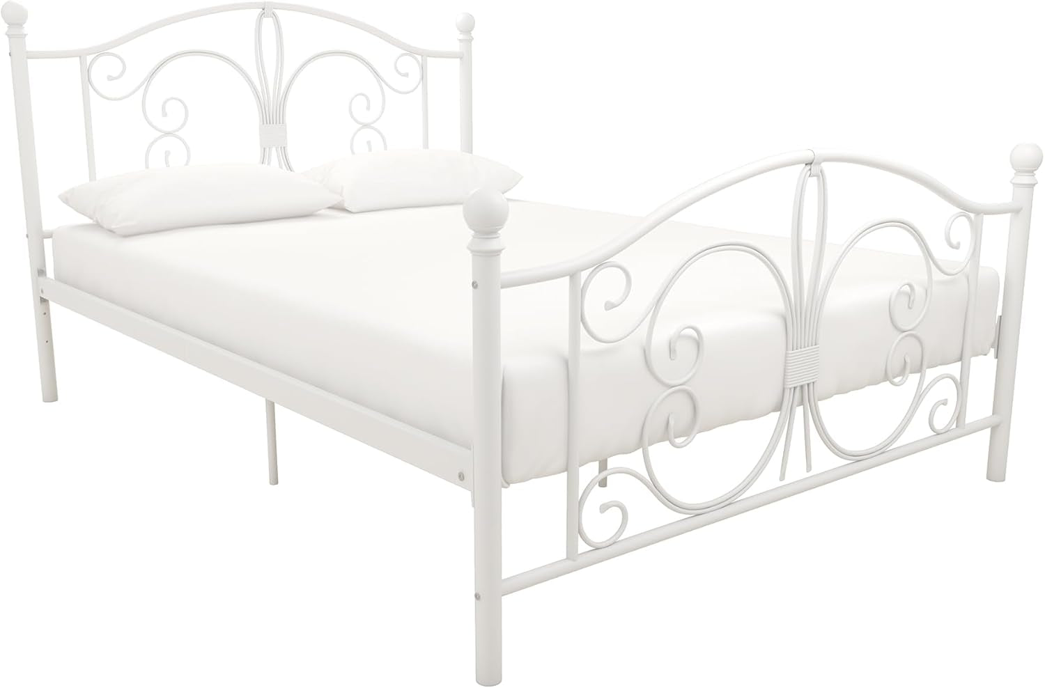 Bombay Metal Platform Bed with Parisian Style Headboard and Footboard, Adjustable Base Height for Underbed Storage, No Box Spring Needed, Full, White