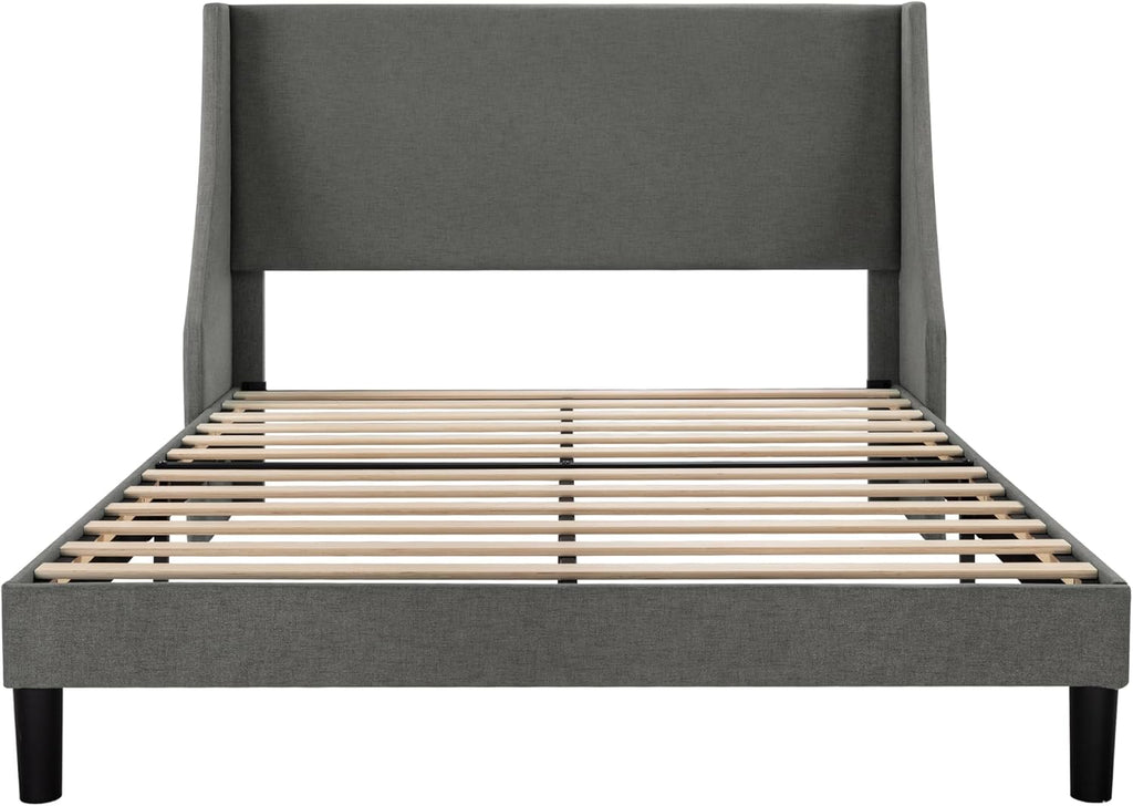 Platform Bed Frame Queen Size with Upholstered Headboard – Modern Deluxe Wingback Design, Wood Slat Support, Dark Grey