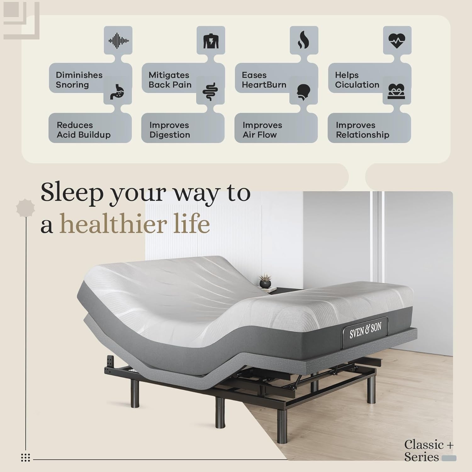 Harmony Adjustable Bed Base, Head and Foot Lift, Massage, Under-Bed Lights, USB, Gel Memory, Zero Gravity Smart Frame - Queen + 14 Inch Hybrid Spring Matt (Medium Soft)