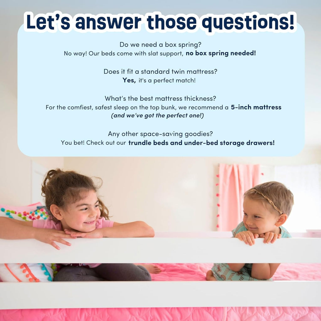 Bunk Bed Twin over Twin, Solid Wood Bunk Bed Frame with Ladder for Kids, 14" Safety Guardrails, Easy Assembly, No Box Spring Needed, White