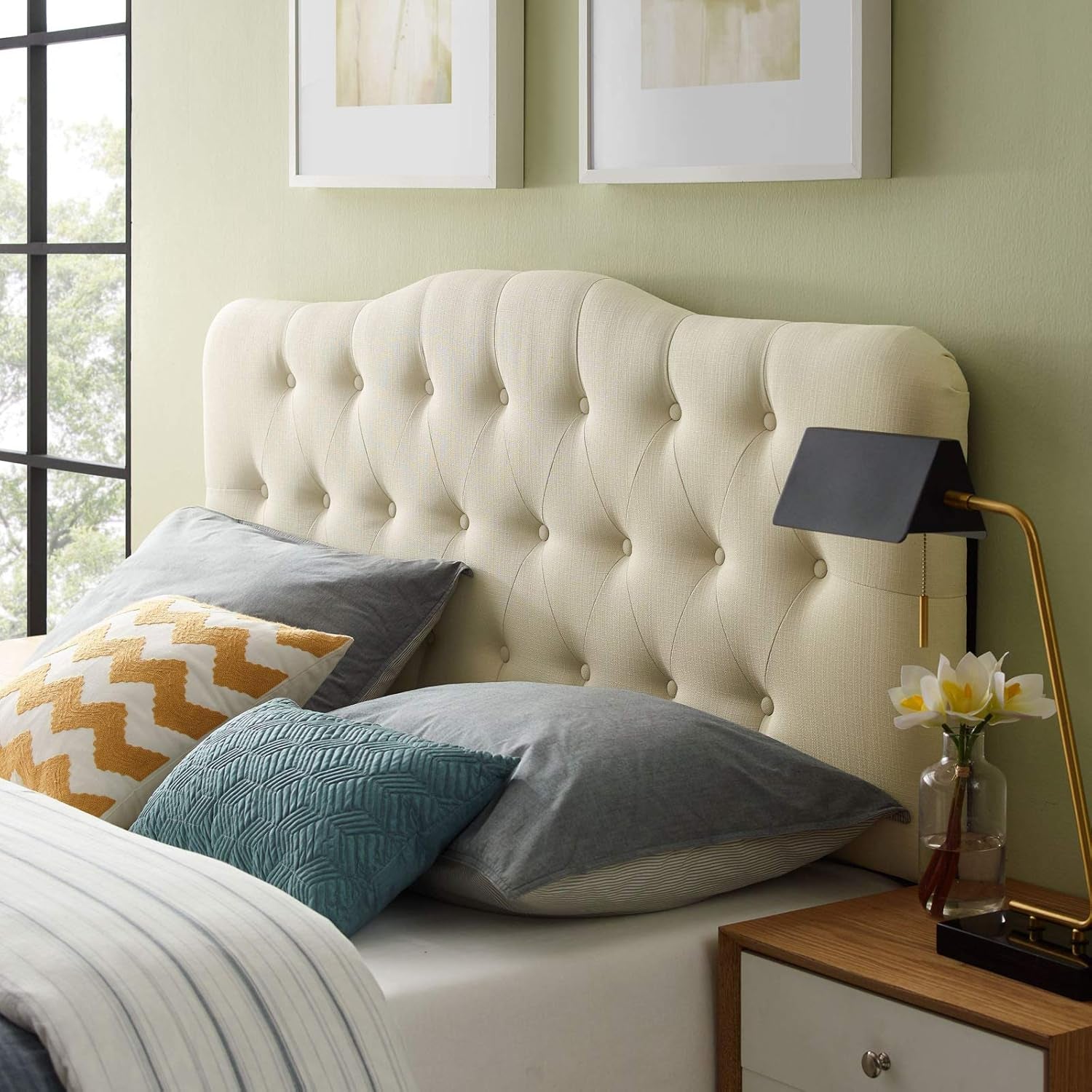 Annabel Tufted Button Linen Fabric Upholstered King Headboard in Ivory