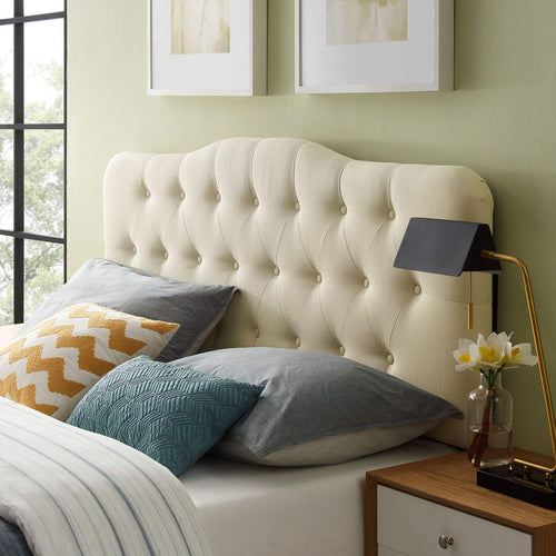 Annabel Tufted Button Linen Fabric Upholstered King Headboard in Ivory