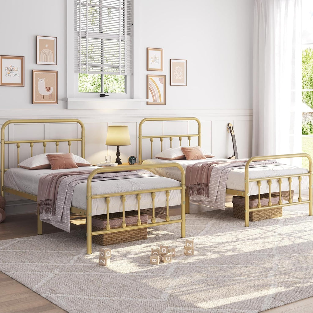 Classic Metal Platform Bed Frame Mattress Foundation with Victorian Style Iron-Art Headboard/Footboard/Under Bed Storage/No Box Spring Needed/Twin Size Antique Gold