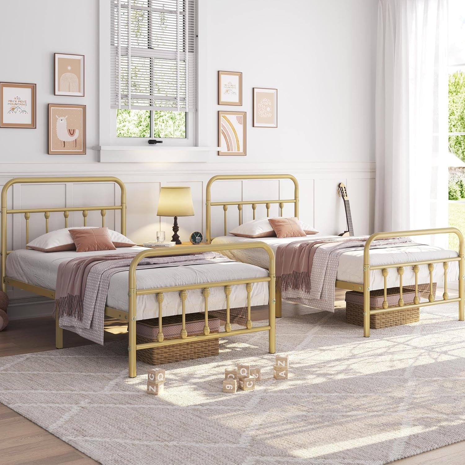 Classic Metal Platform Bed Frame Mattress Foundation with Victorian Style Iron-Art Headboard/Footboard/Under Bed Storage/No Box Spring Needed/Twin Size Antique Gold