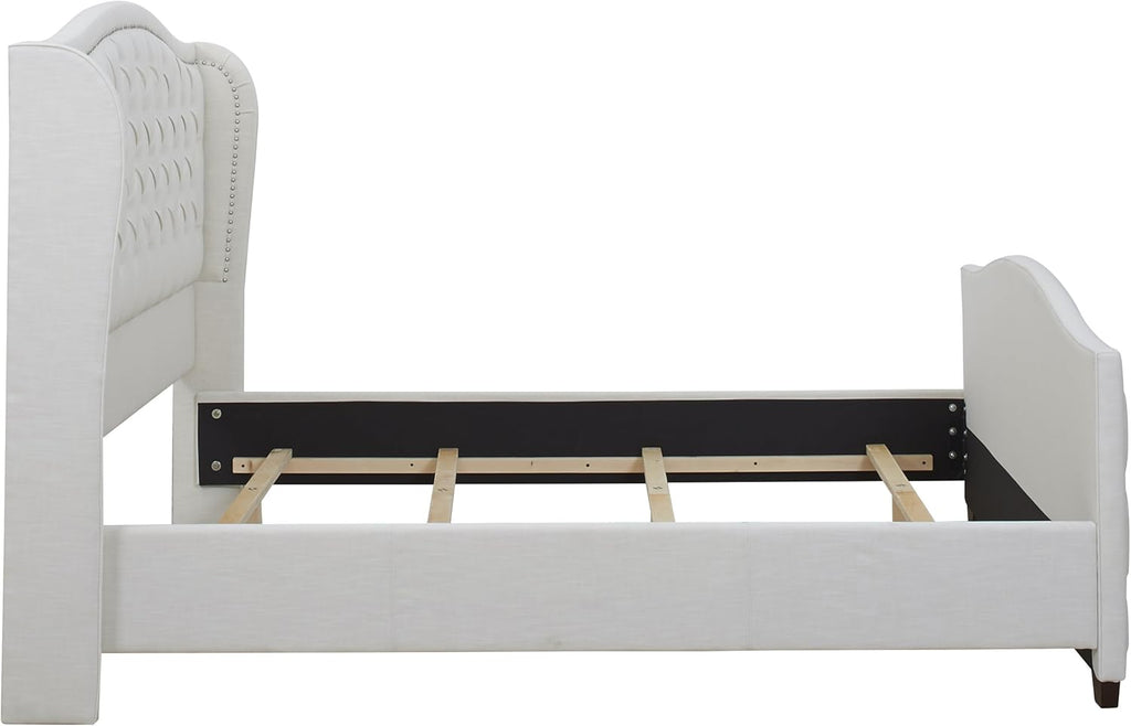 Marcella Upholstered Shelter Headboard Bed Set, King, Antique White Polyester