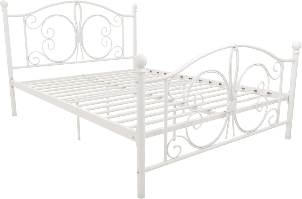 Bombay Metal Platform Bed with Parisian Style Headboard and Footboard, Adjustable Base Height for Underbed Storage, No Box Spring Needed, Full, White