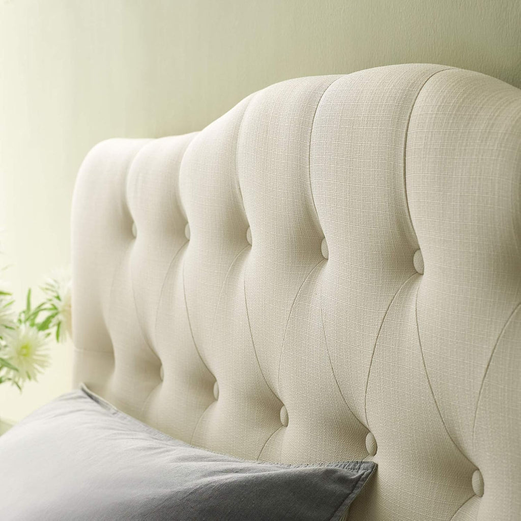 Annabel Tufted Button Linen Fabric Upholstered King Headboard in Ivory