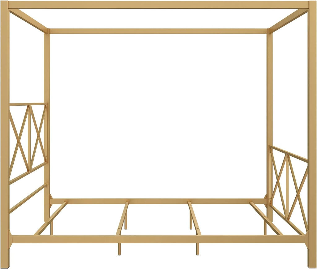 Rosedale Metal Canopy Bed Frame with Four Poster Design and Geometric Accented Headboard and Footboard, Underbed Storage Space, Queen, Gold