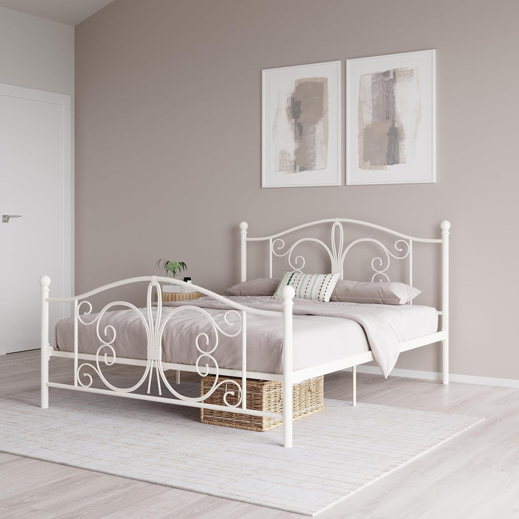 Bombay Metal Platform Bed with Parisian Style Headboard and Footboard, Adjustable Base Height for Underbed Storage, No Box Spring Needed, Full, White
