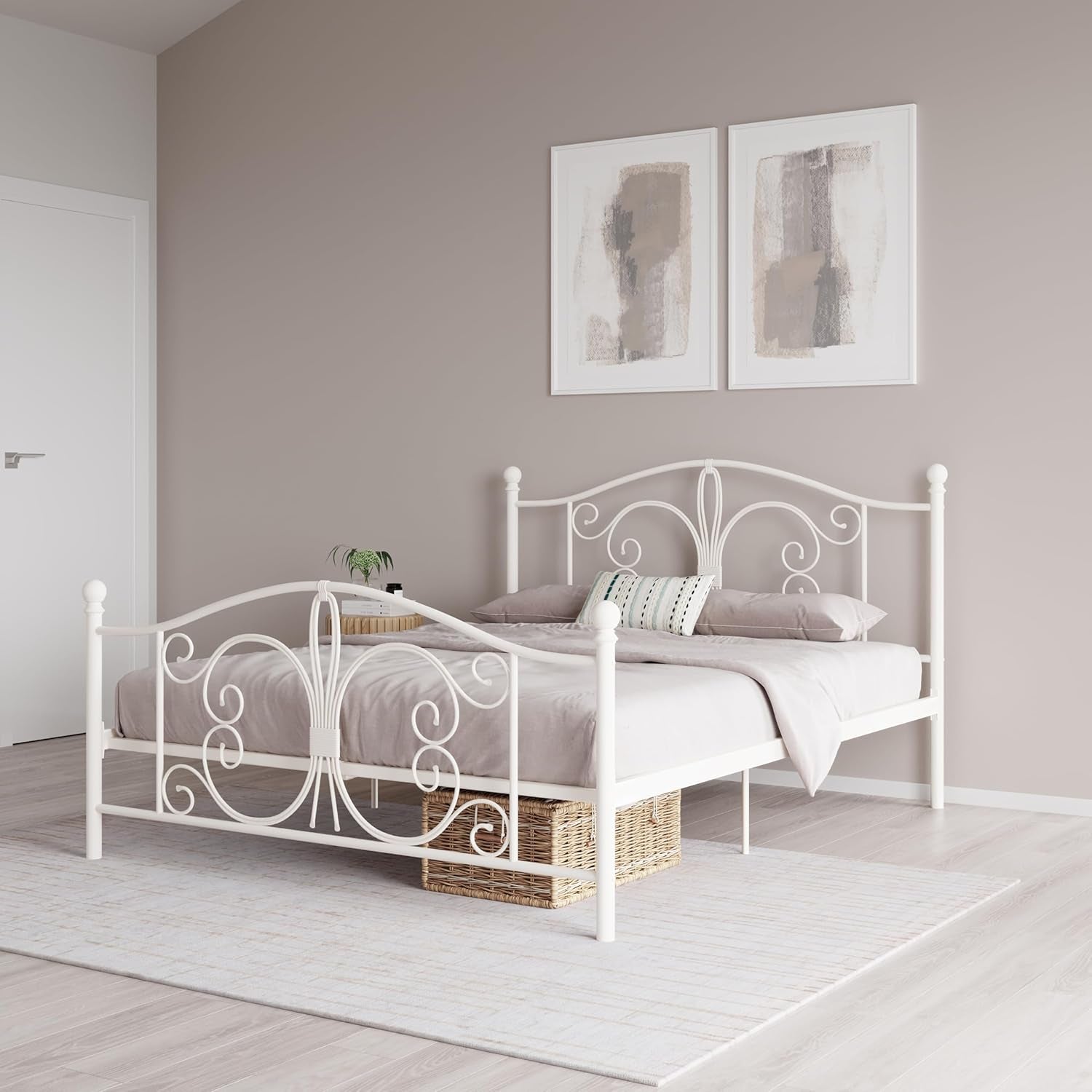Bombay Metal Platform Bed with Parisian Style Headboard and Footboard, Adjustable Base Height for Underbed Storage, No Box Spring Needed, Full, White