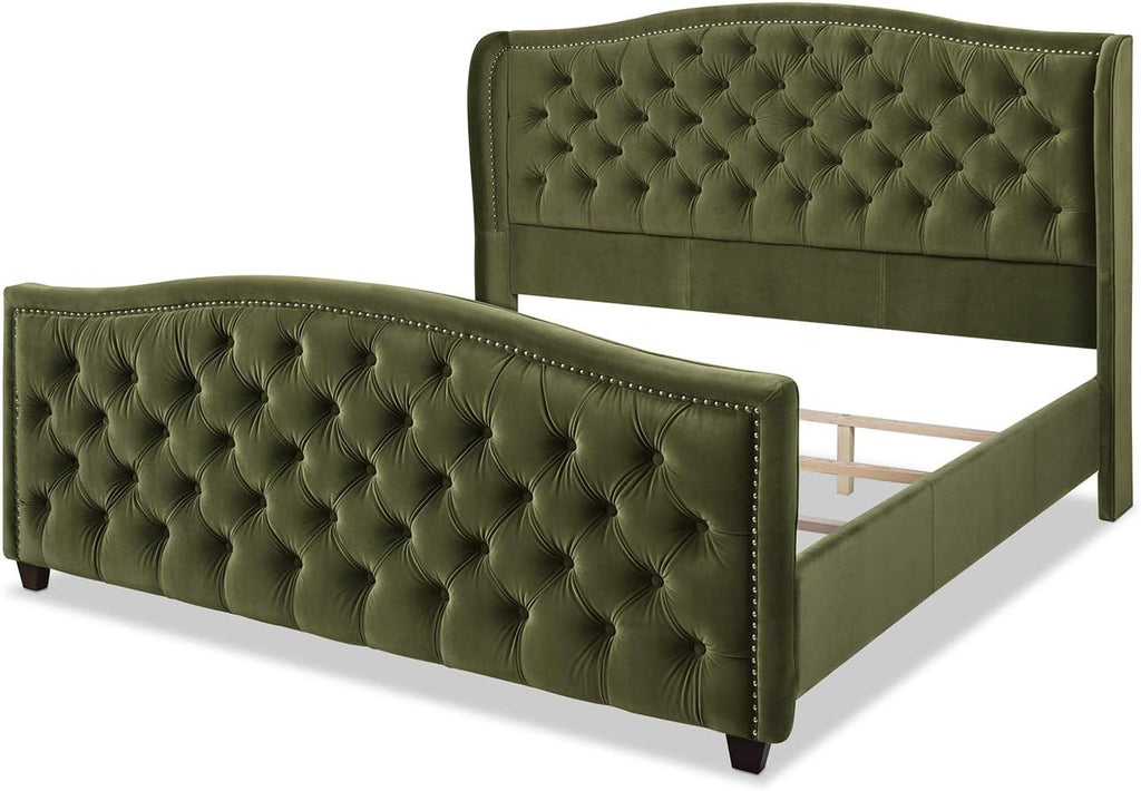Marcella Upholstered Shelter Headboard Bed Set, King, Olive Green Performance Velvet