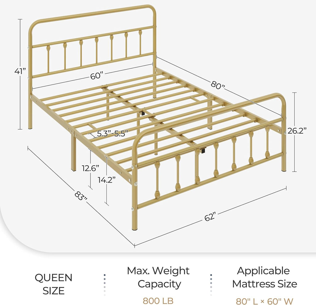 Classic Metal Platform Bed Frame Mattress Foundation with Victorian Style Iron-Art Headboard/Footboard/Under Bed Storage/No Box Spring Needed/Queen Size Antique Gold