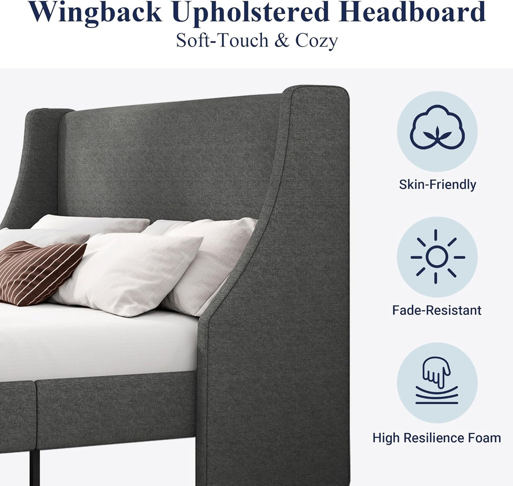 Platform Bed Frame Queen Size with Upholstered Headboard – Modern Deluxe Wingback Design, Wood Slat Support, Dark Grey