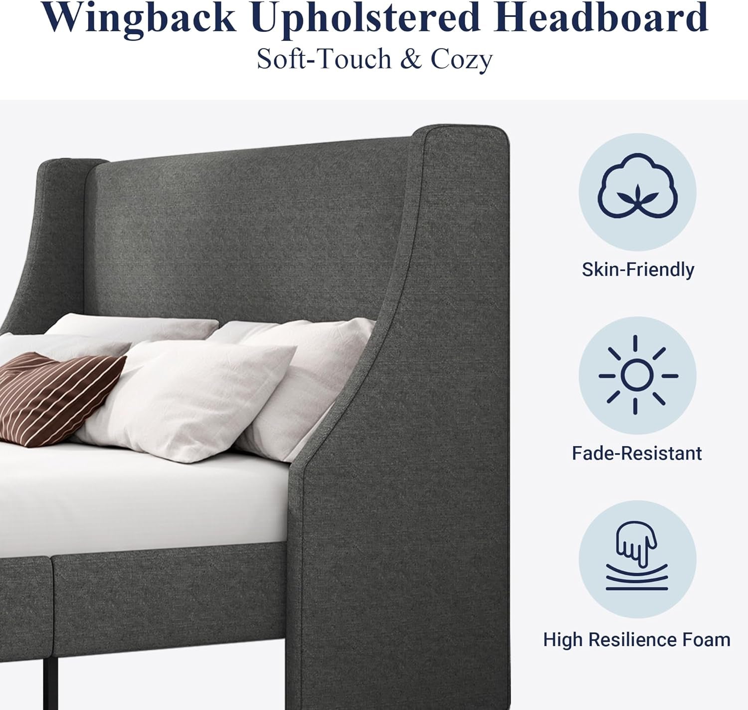 Platform Bed Frame Queen Size with Upholstered Headboard – Modern Deluxe Wingback Design, Wood Slat Support, Dark Grey