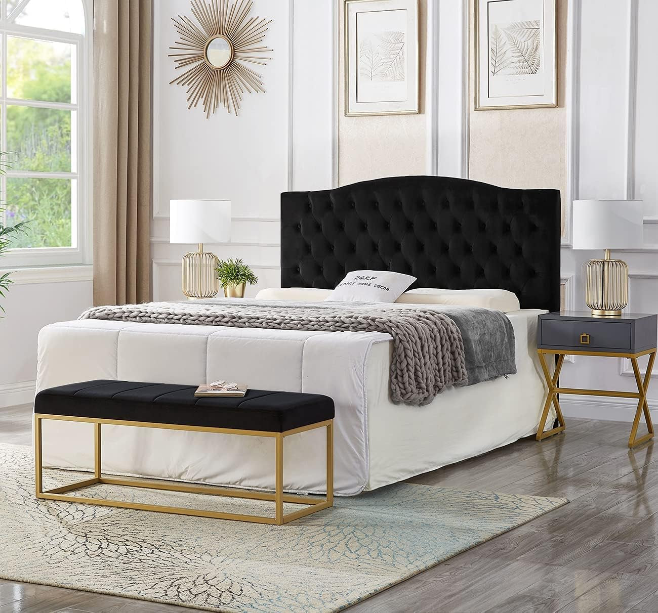 Upholstered Tufted Button Velvet Headboard,Comfortable Fashional Headboard Queen/Full Size,Black