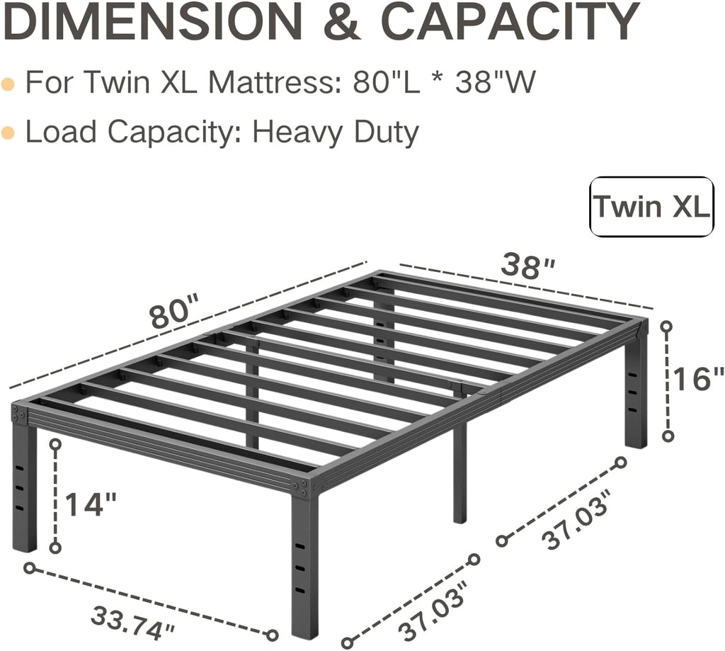 Twin XL Bed Frame 16" High Heavy Duty Steel Slats with Heavy Duty Support for Mattress, No Box Spring Needed,Noise-Free,Easy Assembly