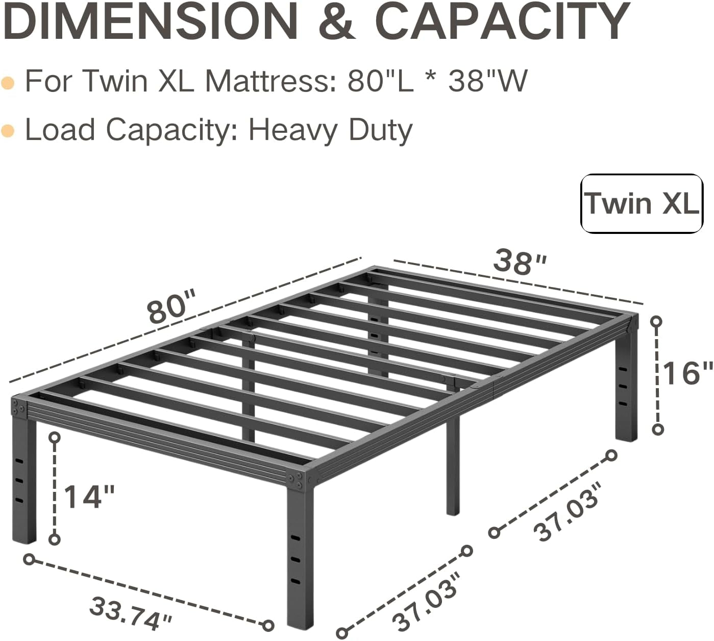 Twin XL Bed Frame 16" High Heavy Duty Steel Slats with Heavy Duty Support for Mattress, No Box Spring Needed,Noise-Free,Easy Assembly