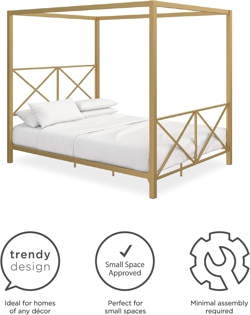 Rosedale Metal Canopy Bed Frame with Four Poster Design and Geometric Accented Headboard and Footboard, Underbed Storage Space, Queen, Gold