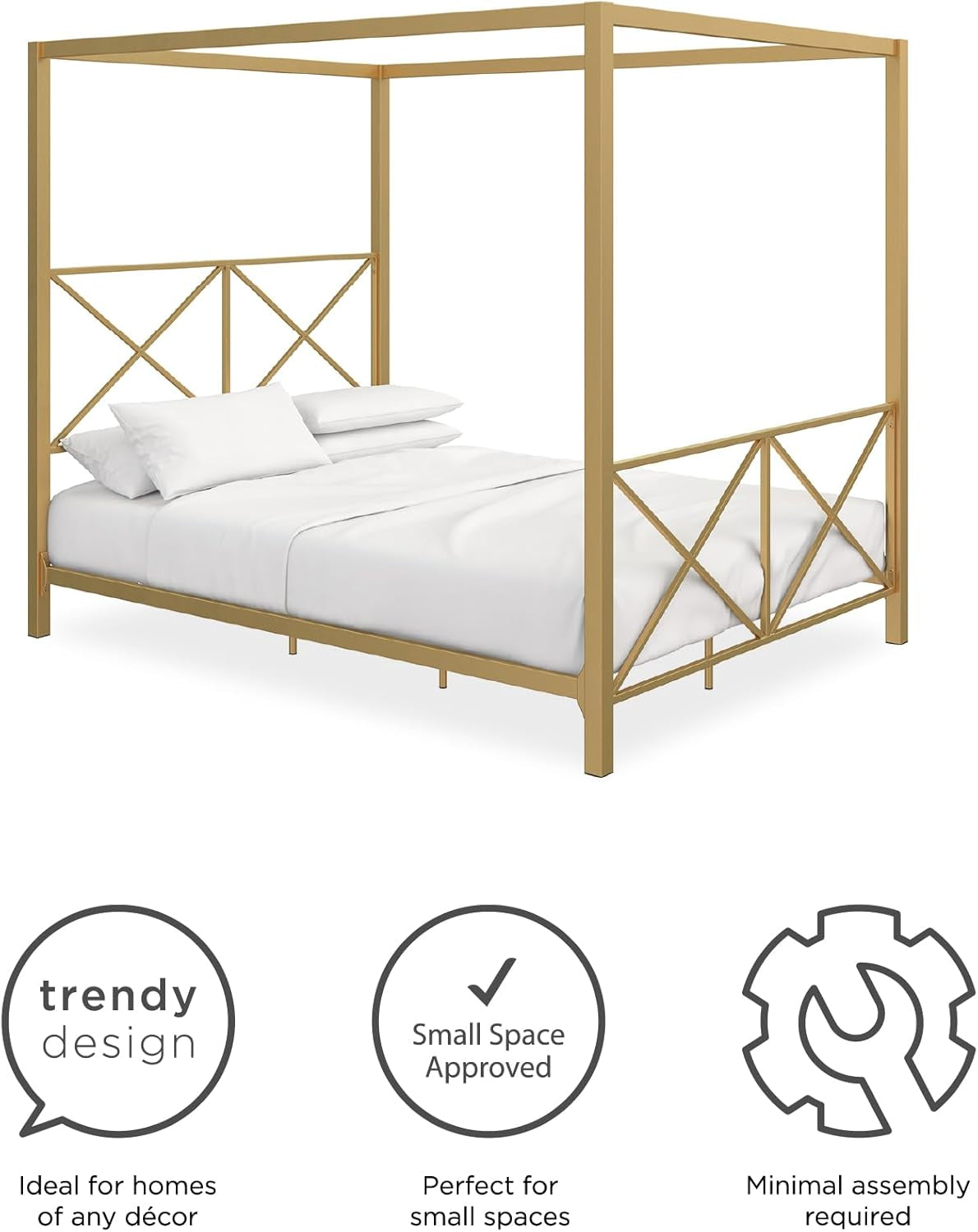 Rosedale Metal Canopy Bed Frame with Four Poster Design and Geometric Accented Headboard and Footboard, Underbed Storage Space, Queen, Gold
