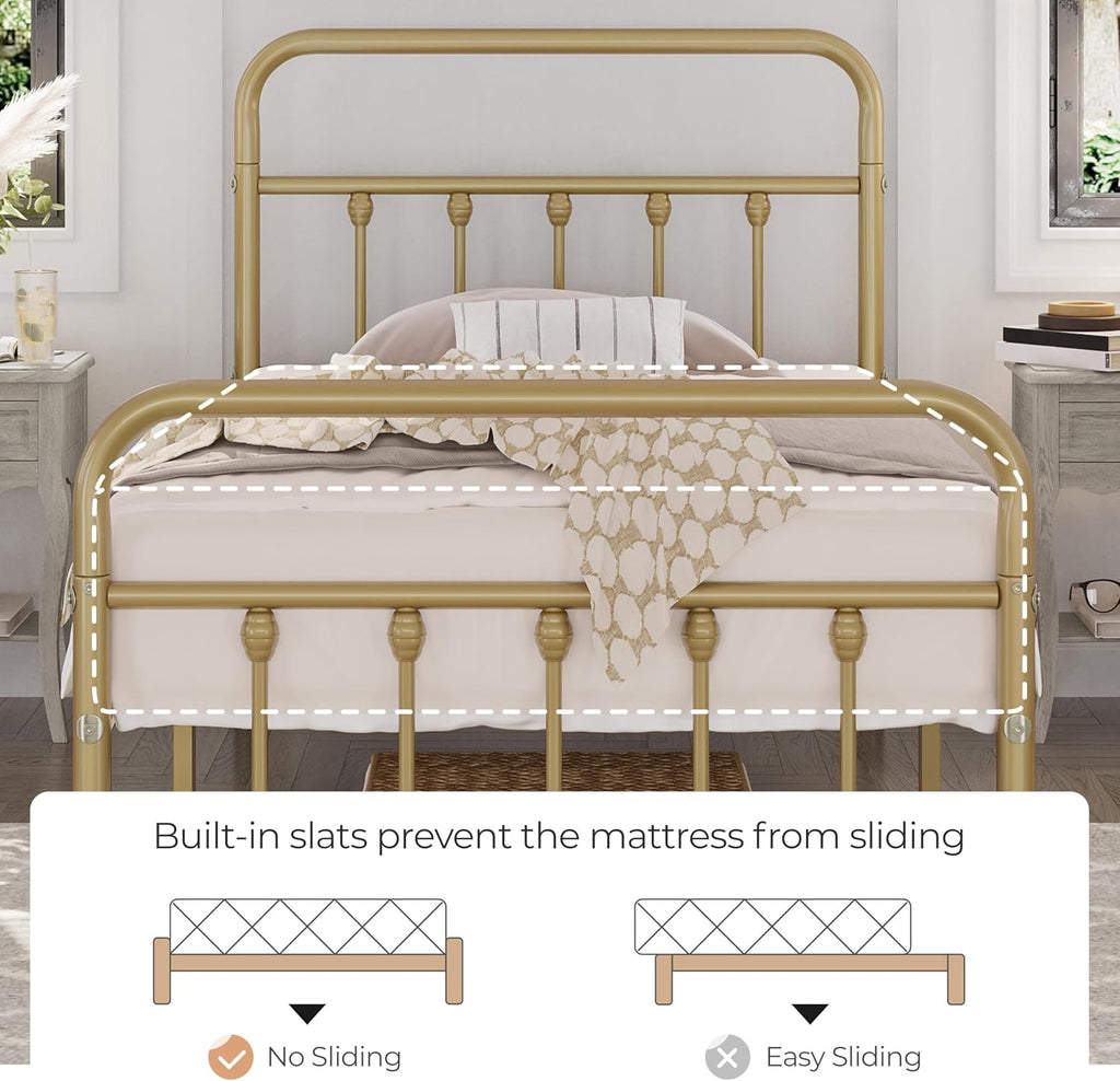 Classic Metal Platform Bed Frame Mattress Foundation with Victorian Style Iron-Art Headboard/Footboard/Under Bed Storage/No Box Spring Needed/Twin Size Antique Gold