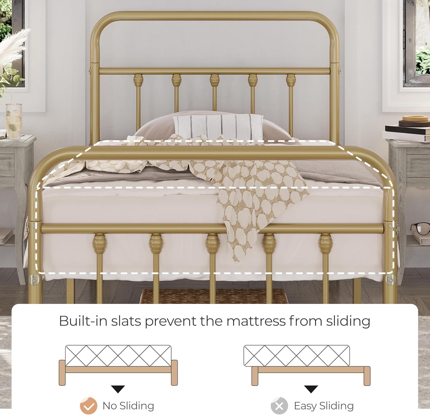 Classic Metal Platform Bed Frame Mattress Foundation with Victorian Style Iron-Art Headboard/Footboard/Under Bed Storage/No Box Spring Needed/Twin Size Antique Gold
