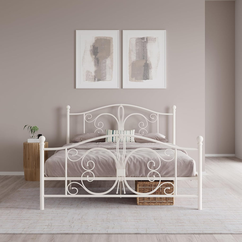 Bombay Metal Platform Bed with Parisian Style Headboard and Footboard, Adjustable Base Height for Underbed Storage, No Box Spring Needed, Full, White