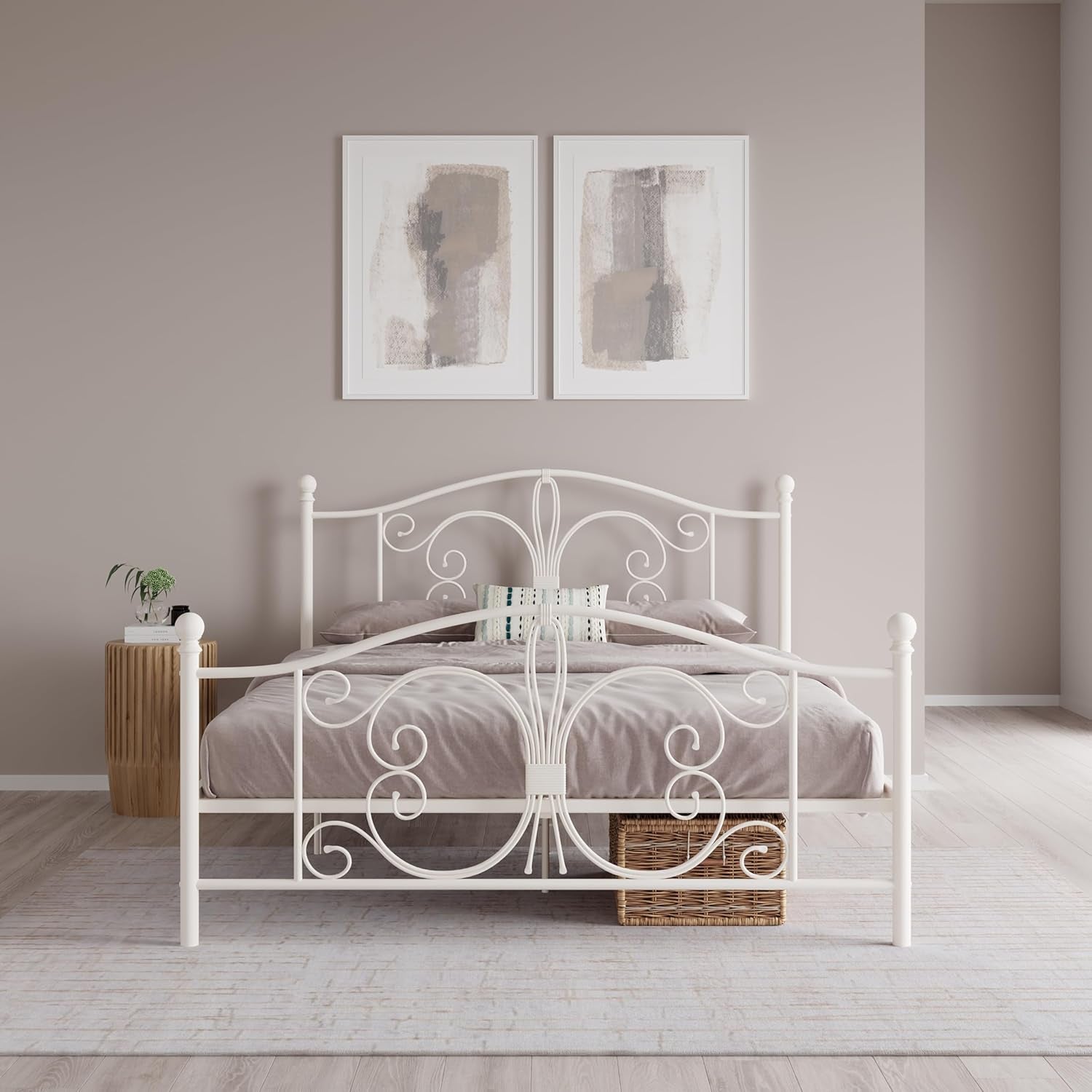 Bombay Metal Platform Bed with Parisian Style Headboard and Footboard, Adjustable Base Height for Underbed Storage, No Box Spring Needed, Full, White