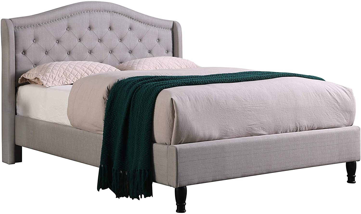 Home Life Cloth Light Grey Silver Linen Curved Hand Diamond Tufted and Nailed Headboard 53" Tall Headboard Platform Bed with Slats Queen - Complete Bed 5 Year Warranty Included 013