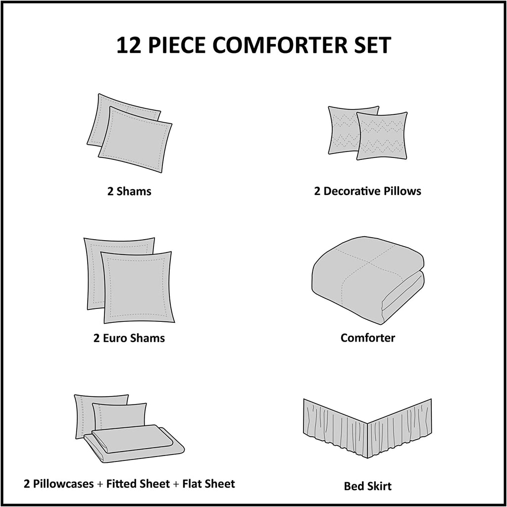 Lavine Cozy Bed in a Bag Comforter Set, Traditional Luxe Jacquard Design All Season down Alternative Bedding with Cotton Bed Sheets, Bed Skirt & Pillows, King Blue 12 Piece