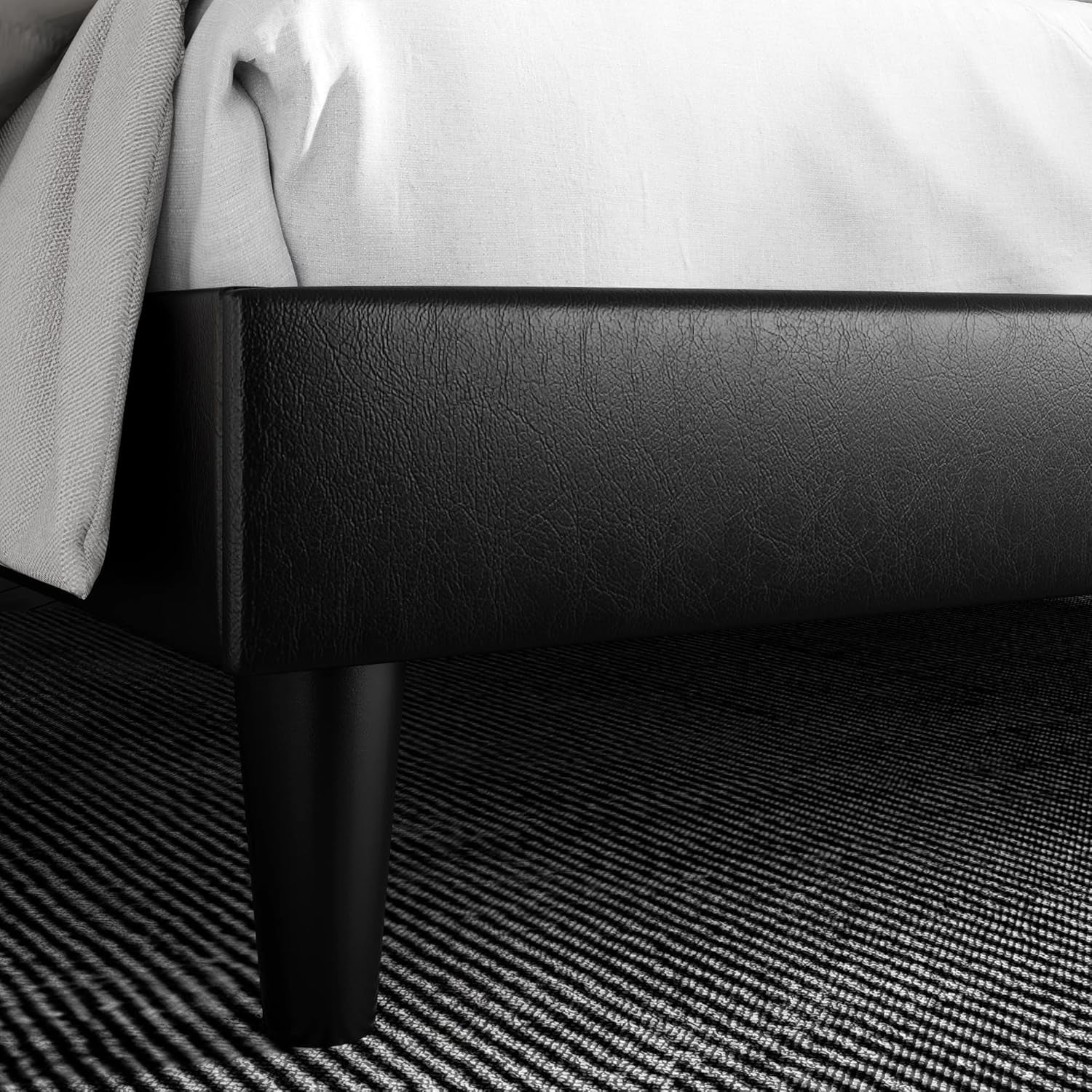 Queen Size Platform Bed Frame with Button Tufted Headboard, Faux Leather Upholstered Mattress Foundation, Wooden Slat Support, No Box Spring Needed, Black