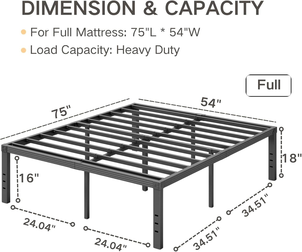 Full Size Bed Frame 18" Tall Heavy Duty Metal Platform Bed Frame,Sturdy Steel Frame,No Box Spring Needed,Noise-Free,Easy Assembly