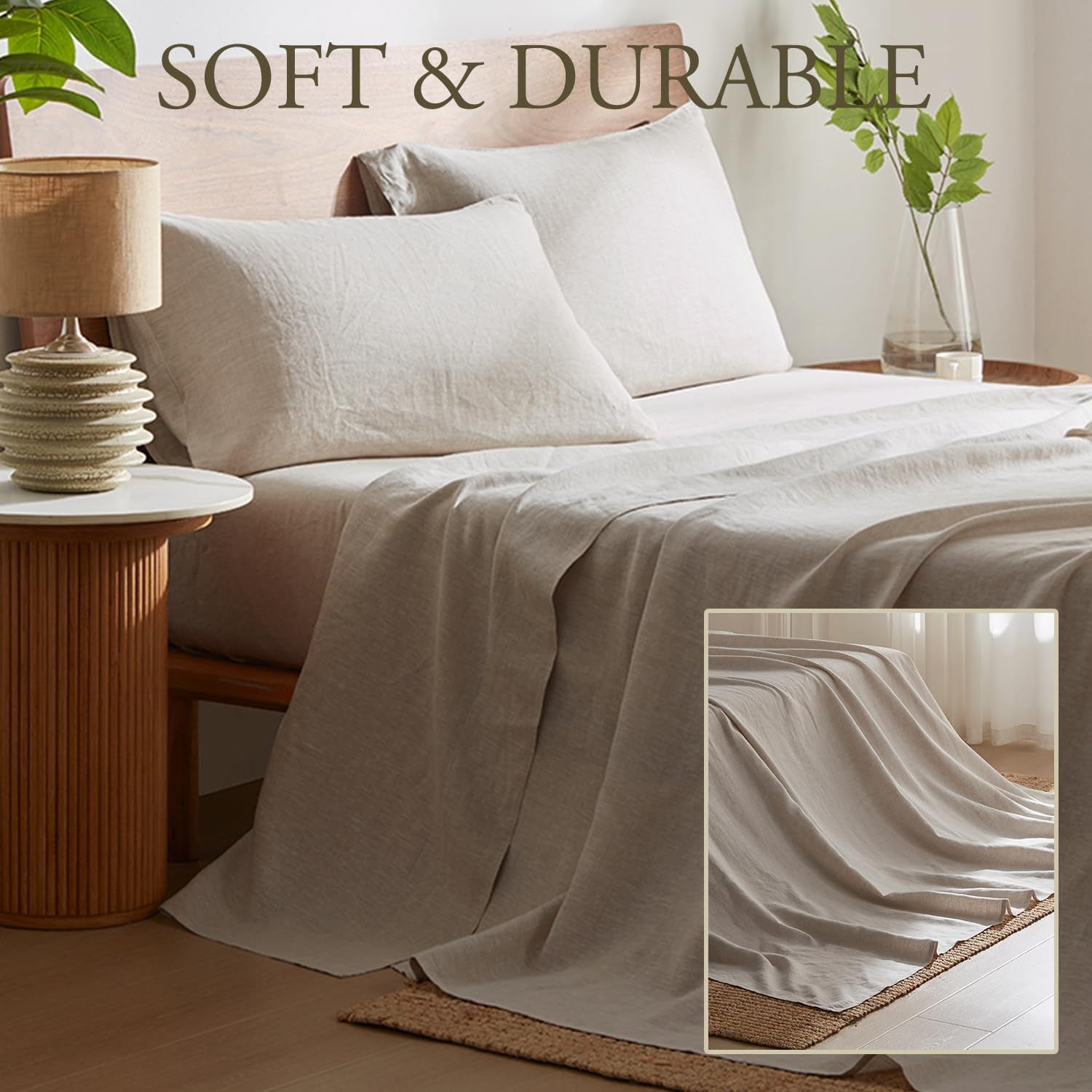 Pure Linen Sheets Set, 100% French Linen from Normandy, Breathable and Durable for Hot Sleepers, 3 Pcs Set - 1 Flat Sheet, 1 Fitted Sheet, 1 Pillowcase (Natural Linen, Twin)
