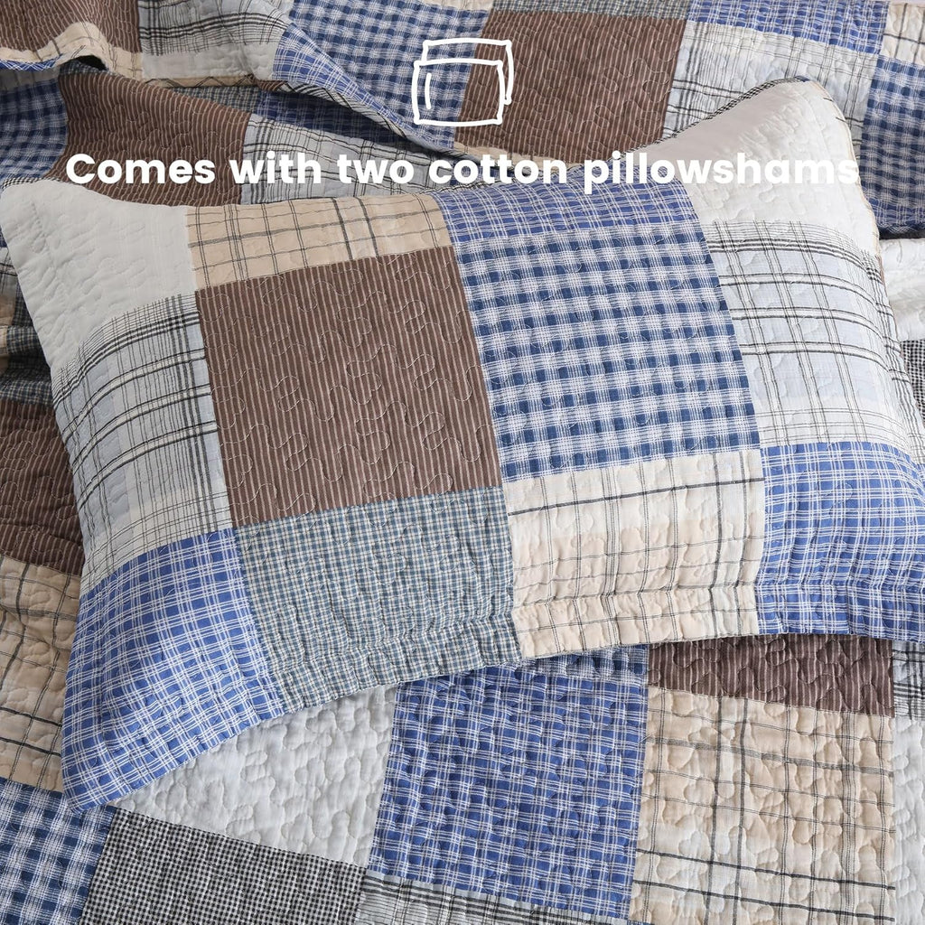 King Size Comforter Set- 100% Cotton Quilt King Size Set, Bule, Plaid Bedspreads (96 * 108 Inch) with 2 Pillow Shams, Patchwork Reversible Lightweight Bedding