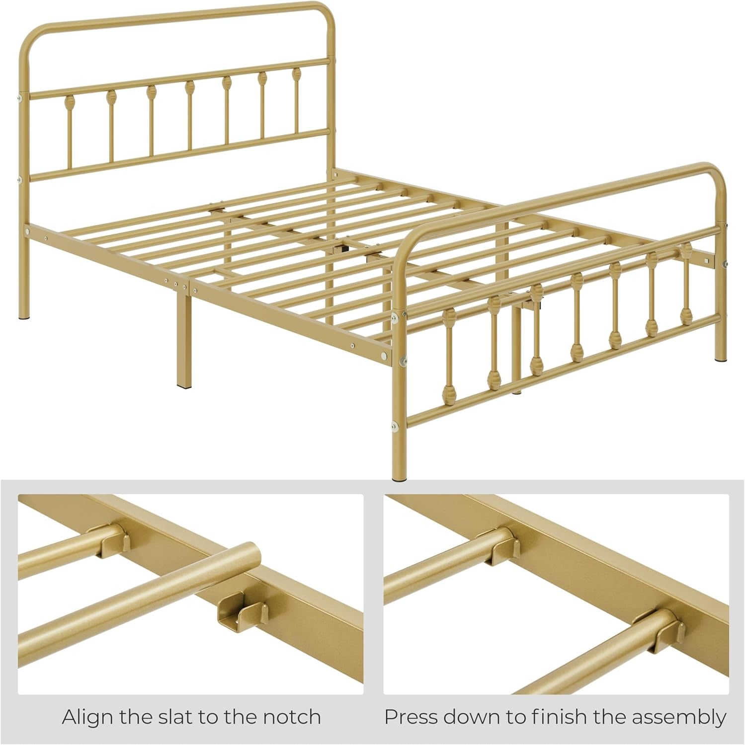 Classic Metal Platform Bed Frame Mattress Foundation with Victorian Style Iron-Art Headboard/Footboard/Under Bed Storage/No Box Spring Needed/Queen Size Antique Gold