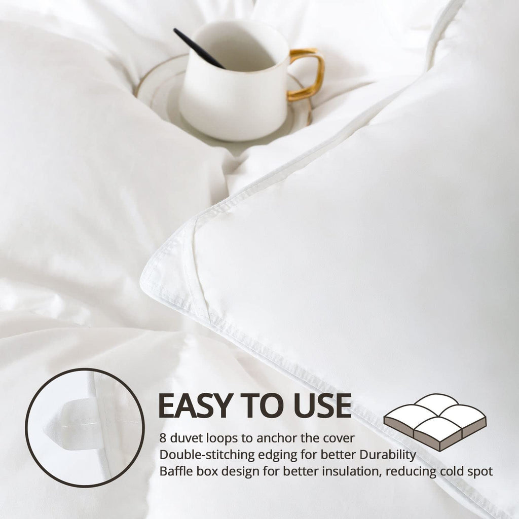 King Size down Comforter - All Season Duvet Insert with Medium Warmth, Soft and Noiseless Shell,8 Corner Tabs, and Machine Washable - White