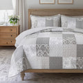 Silver Linings Cotton Quilt Set - Queen Size with 2 Shams, Neutral Pieced Patchwork Design, Country Silver Gray Quilted Comforter, Lightweight Summer Farmhouse Bedspread