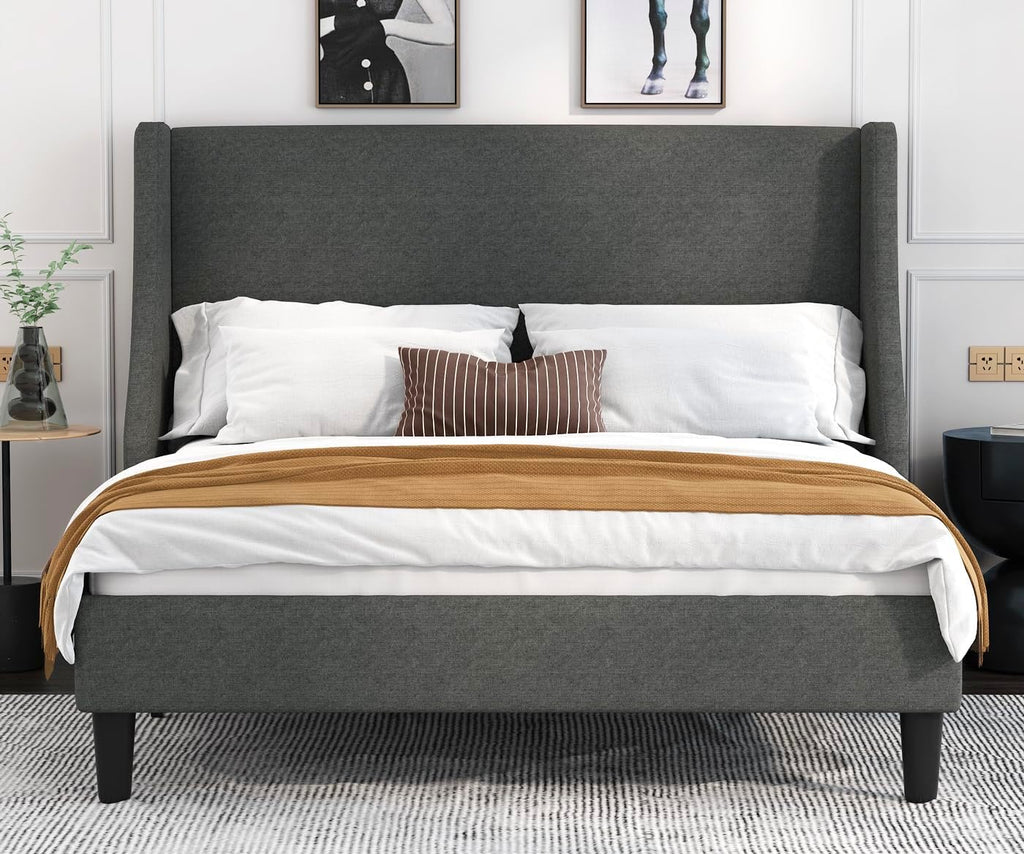 Platform Bed Frame Queen Size with Upholstered Headboard – Modern Deluxe Wingback Design, Wood Slat Support, Dark Grey