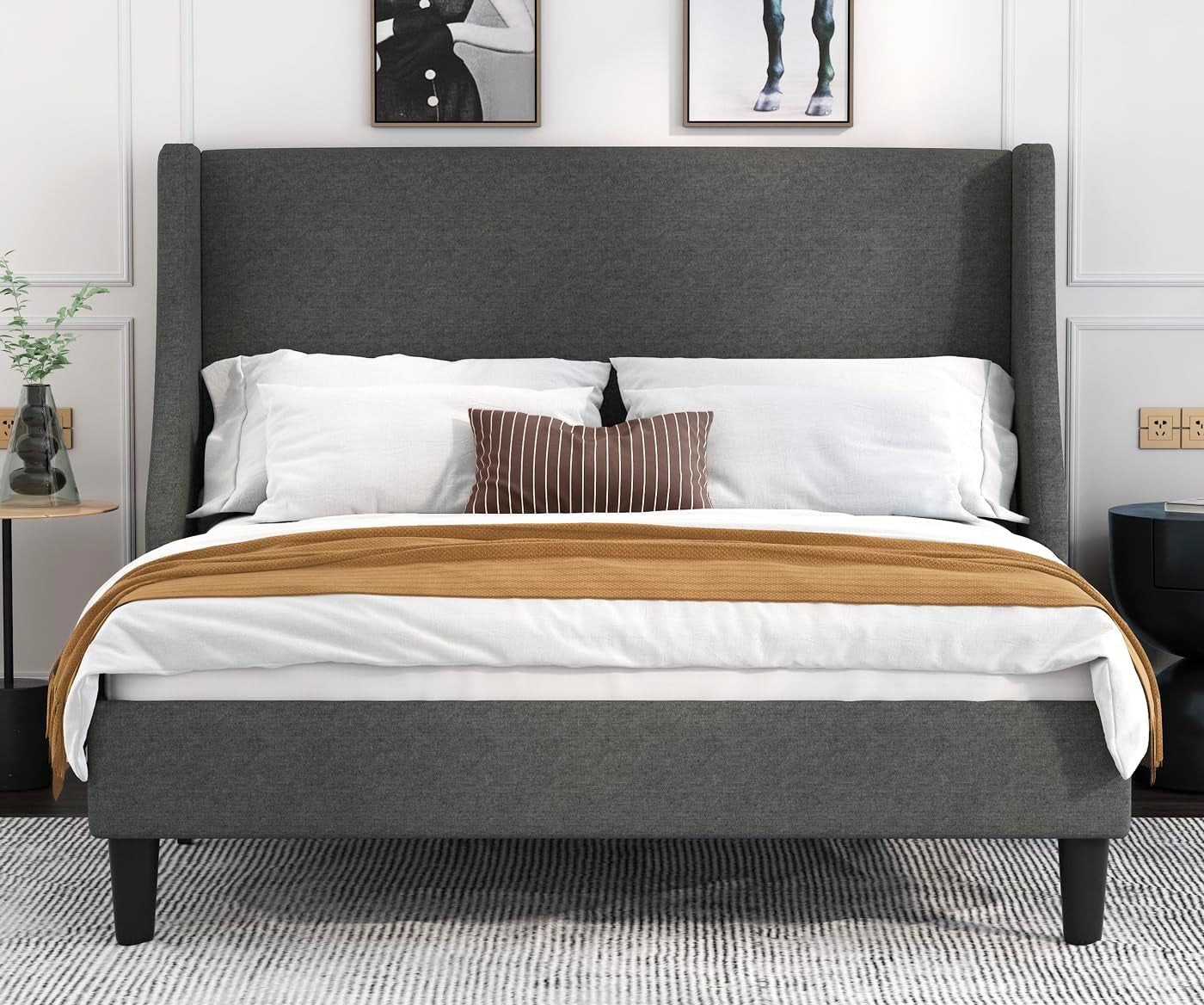 Platform Bed Frame Queen Size with Upholstered Headboard – Modern Deluxe Wingback Design, Wood Slat Support, Dark Grey