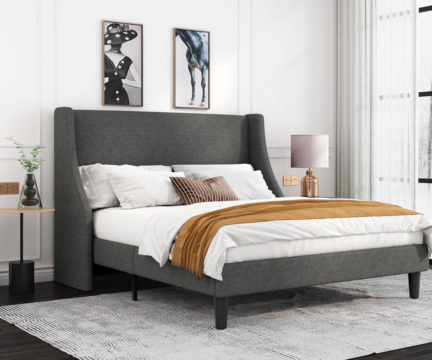 Platform Bed Frame Queen Size with Upholstered Headboard – Modern Deluxe Wingback Design, Wood Slat Support, Dark Grey