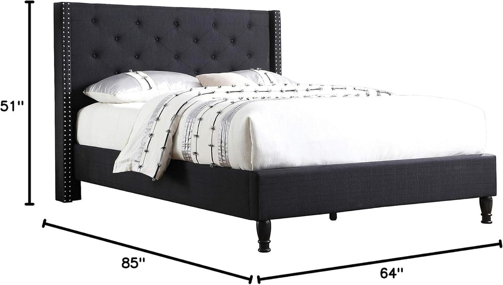 Linen Upholstered Platform Bed - Cloth Platform Bed with 51 Tall Headboard - Durable Wooden Slat Design - Easy to Assemble - Mattress Support - No Box Spring Needed - Full Size, Black