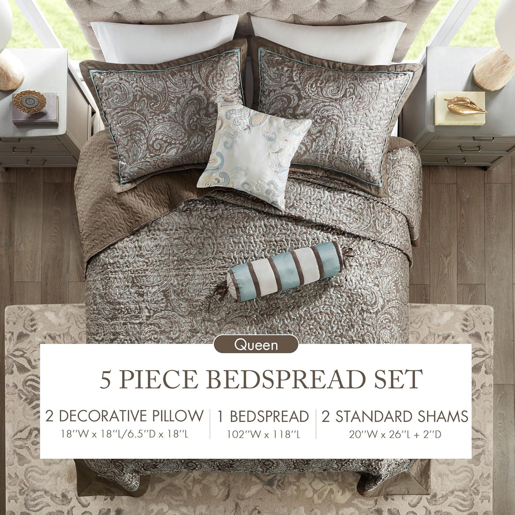 Aubrey Reversible Quilted Bedspread Set, Solid Reverse Summer Breathable, Lightweight All Season Bedding Layer, Matching Shams, Bedspread Queen(102"X118"), Blue 5 Piece