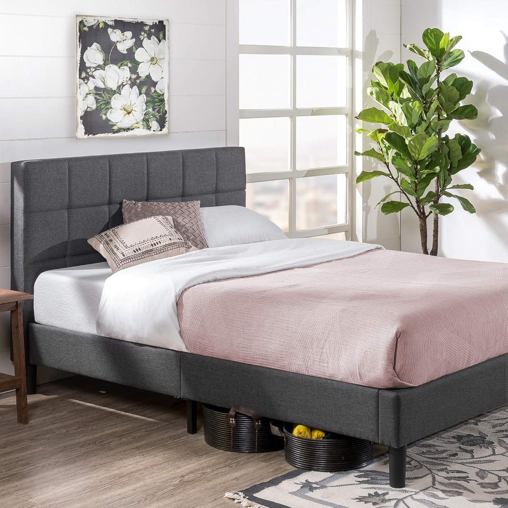 Lottie Upholstered Platform Bed Frame, Mattress Foundation, Wood Slat Support, No Box Spring Needed, Easy Assembly, Grey, King