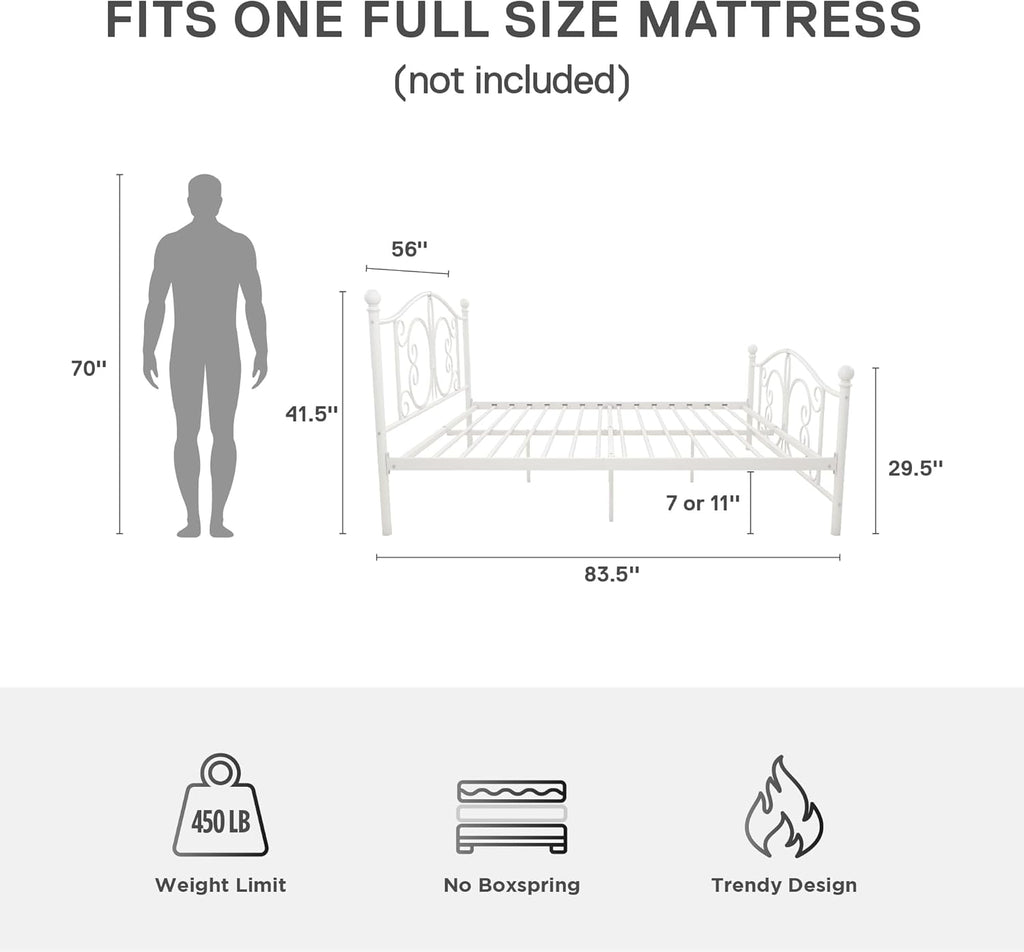 Bombay Metal Platform Bed with Parisian Style Headboard and Footboard, Adjustable Base Height for Underbed Storage, No Box Spring Needed, Full, White